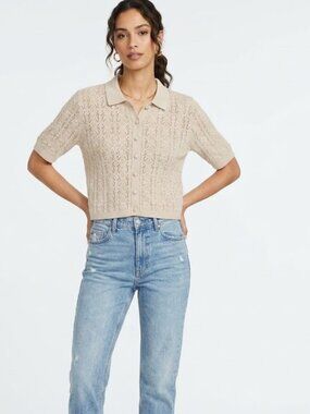 RW&CO. Cream Pointelle Knit Cropped Polo Top - Size Small
